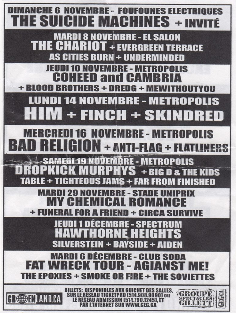 SUICIDE MACHINES COHEED AND CAMBRIA HIM BAD RELIGION DROPKICK MURPHYS MY CHEMICAL ROMANCE HAWTHORNE HEIGHTS AGAINST ME