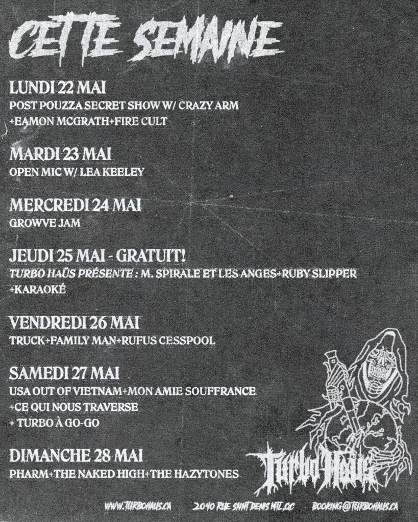 CRAZY ARM EAMON MCGRATH FIRE CULT M. SPIRALE ET LES ANGES RUBY SLIPPER TRUCK FAMILY MAN RUFUS CESSPOOL USA OUT OF VIETNAM MON AMIE SOUFFRANCE CE QUI NOUS TRAVERSE TURBO À GO GO PHARM THE NAKED HIGH THE HAZYTONES