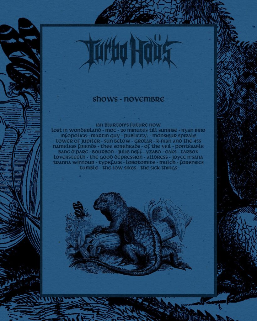 IAN BLURTON’S FUTURE NOW LOST IN WONDERLAND MOC 20 MINUTES TILL SUNRISE RYAN BRIO INFOPOLICE MARTIN GUY PUBLICITY. MONSIEUR SPIRALE TOWER OF JUPITER SUN BELOW GROLAR K-MAN AND THE 45S NAMELESS FRIENDS THEE SORHEADS OF THE VEIL PONTESABLE BANC D’ARC BOURBON JULIE NEFF YZABO OAKS TARBOX LOVERSTEETH THE GOOD DEPRESSION AILDRESS JOYCE N’SANA TRANNA WINTOUR TYPEFACE LOBOTOMITE MULCH FORENSICS TUMBLE THE LOW SIXES THE SICK THINGS