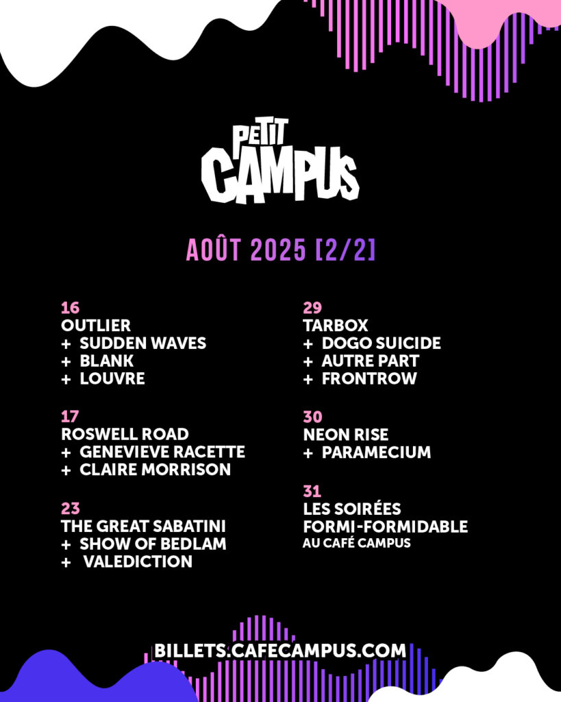 OUTLIER SUDDEN WAVES BLANK LOUVRE ROSWELL ROAD GENEVIEVE RACETTE CLAIRE MORRISON THE GREAT SABATINI SHOW OF BEDLAM VALEDICTION TARBOX DOGO SUICIDE AUTRE PART FRONTROW NEON RISE PARAMECIUM LES SOIRÉES FORMI-FORMIDABLE