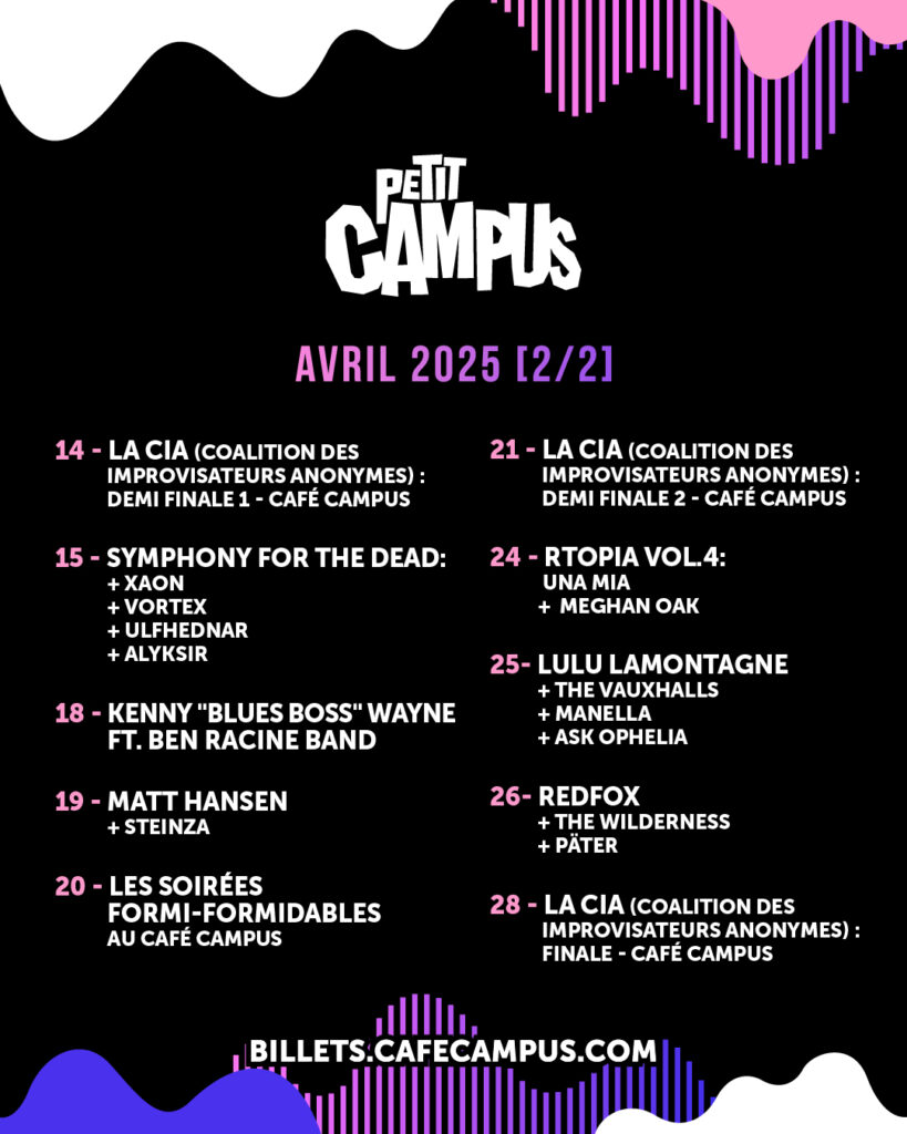 LA CIA (COALITION DES IMPROVISATEURS ANONYMES) SYMPHONY FOR THE DEAD XAON VORTEX ULFHEDNAR ALYKSIR KENNY « BLUES BOSS » WAYNE BEN RACINE BAND MATT HANSEN STEINZA LES SOIRÉES FORMI-FORMIDABLES RTOPIA VOL.4 UNA MIA MEGHAN OAK LULU LAMONTAGNE THE VAUXHALLS MANELLA ASK OPHELIA REDFOX THE WILDERNESS PÄTER
