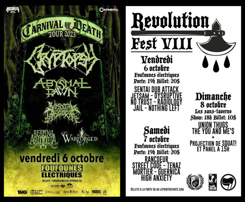 CRYPTOPSY ABYSMAL DAWN AFTERBIRTH REAPING ASMODEIA WARFORGED SENTAI DUB ATTACK JETSAM DYSRUPTIVE NO TRUST RADIOLOGY JAIL NOTHING LEFT RANCOEUR STREET CODE TENAZ MORTIER GUERNICA HIGH ANXIETY UNION THUGS THE YOU AND ME’S