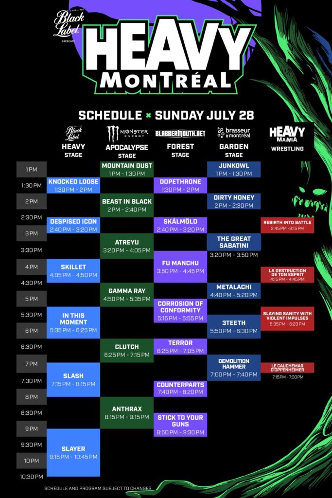 HEAVY MTL SLAYER ANTHRAX SLASH CLUTCH IN THIS MOMENT SKILLET DESPISED ICON KNOCKED LOOSE BEAST IN BLACK ATREYU GAMMA RAY TERROR COUNTERPARTS STICK TO YOUR GUNS FU MANCHU CORROSION OF CONFORMITY DEMOLITION HAMMER 3TEETH SKÁLMÖLD DIRTY HONEY JUNKOWL THE GREAT SABATINI MOUNTAIN DUST DOPETHRONE