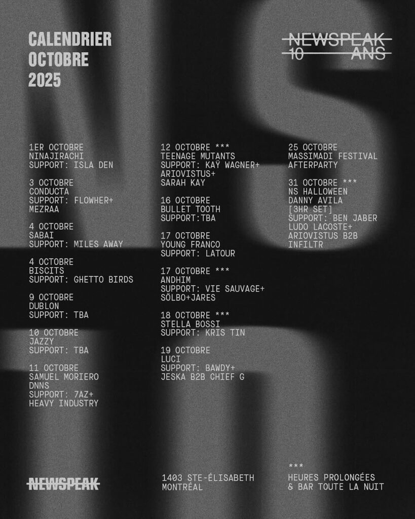 NINAJIRACHI ISLA DEN CONDUCTA FLOWHER MEZRAA SABAI MILES AWAY BISCUITS GHETTO BIRDS DUBLON JAZZY SAMUEL MORIERO DNNS 7AZ HEAVY INDUSTRY TEENAGE MUTANTS KAY WAGNER ARIOVISTUS SARAH KAY BULLET TOOTH YOUNG FRANCO LATOUR ANDHIM VIE SAUVAGE SØLBO JARES STELLA BOSSI KRIS TIN LUCI BAWDY JESKA B2B CHIEF G MASSIMADI FESTIVAL AFTERPARTY NS HALLOWEEN DANNY AVILA BEN JABER LUDO LACOSTE ARIOVISTUS B2B INFILTR