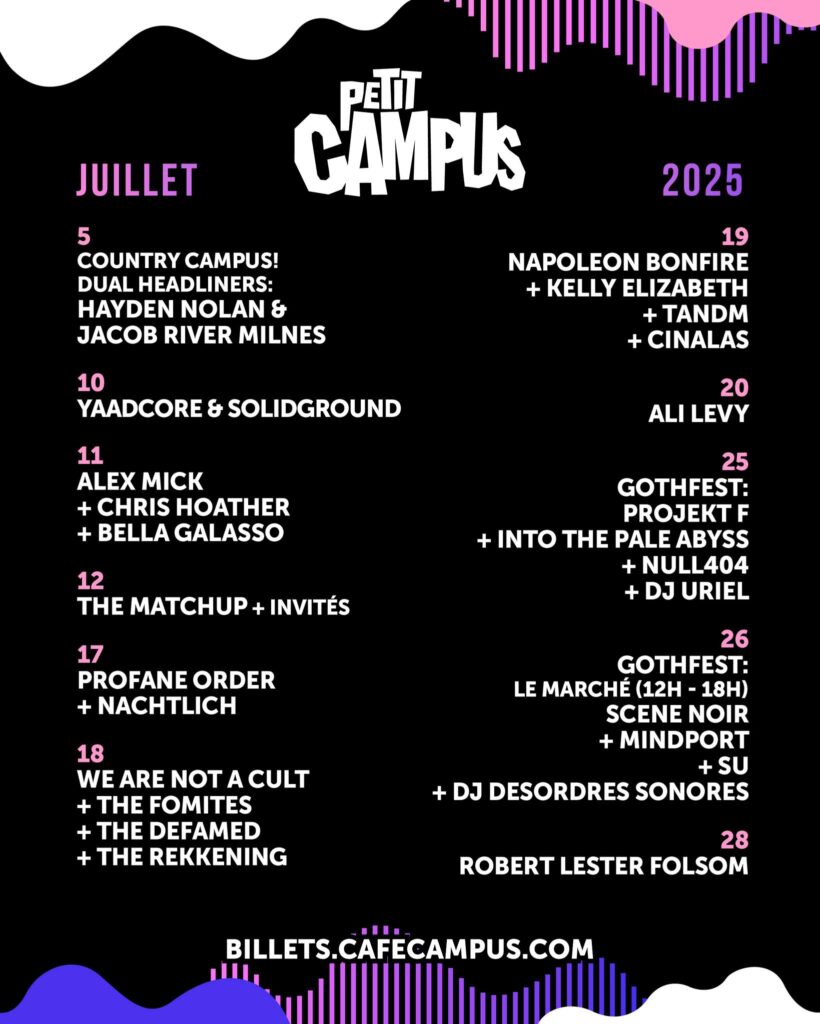 HAYDEN NOLAN JACOB RIVER MILNES YAADCORE SOLIDGROUND ALEX MICK CHRIS HOATHER BELLA GALASSO THE MATCHUP PROFANE ORDER NACHTLICH WE ARE NOT A CULT THE FOMITES THE DEFAMED THE REKKENING NAPOLEON BONFIRE KELLY ELIZABETH TANDM CINALAS ALI LEVY GOTHFEST PROJEKT F INTO THE PALE ABYSS NULL404 DJ URIEL SCENE NOIR MINDPORT SU DJ DESORDRES SONORES ROBERT LESTER FOLSOM