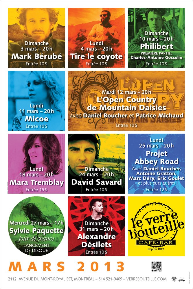 MARK BÉRUBÉ TIRE LE COYOTE PHILIBERT CHARLES-ANTOINE GOSSELIN MICOE L’OPEN COUNTRY DE MOUNTAIN DAISIES DANIEL BOUCHER PATRICE MICHAUD MARA TREMBLAY DAVID SAVARD PROJET ABBEY ROAD ANTOINE GRATTON MARC DÉRY ÉRIC GOULET SYLVIE PAQUETTE ALEXANDRE DÉSILETS