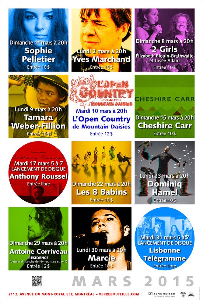 SOPHIE PELLETIER YVES MARCHAND 2 GIRLS ÉLIZABETH BLOUIN-BRATHWAITE JOSÉE ALLARD TAMARA WEBER-FILLION L’OPEN COUNTRY DE MOUNTAIN DAISIES CHESHIRE CARR ANTHONY ROUSSEL LES 8 BABINS DOMINIQ HAMEL ANTOINE CORRIVEAU MARCIE LISBONNE TÉLÉGRAMME