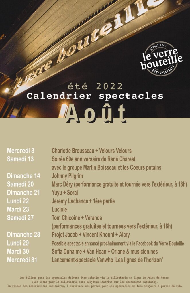 VERRE BOUTEILLE CHARLOTTE BROUSSEAU VELOURS VELOURS RENÉ CHAREST MARTIN BOISSEAU LES COEURS PUTAINS JOHNNY PILGRIM MARC DÉRY YUYU SORAÏ JEREMY LACHANCE LUCIOLE TOM CHICOINE VÉRANDA PROJET JACOB VINCENT KHOUNI ALARY SOFIA DUHAIME VAN HOAN ORLANE VANWHO