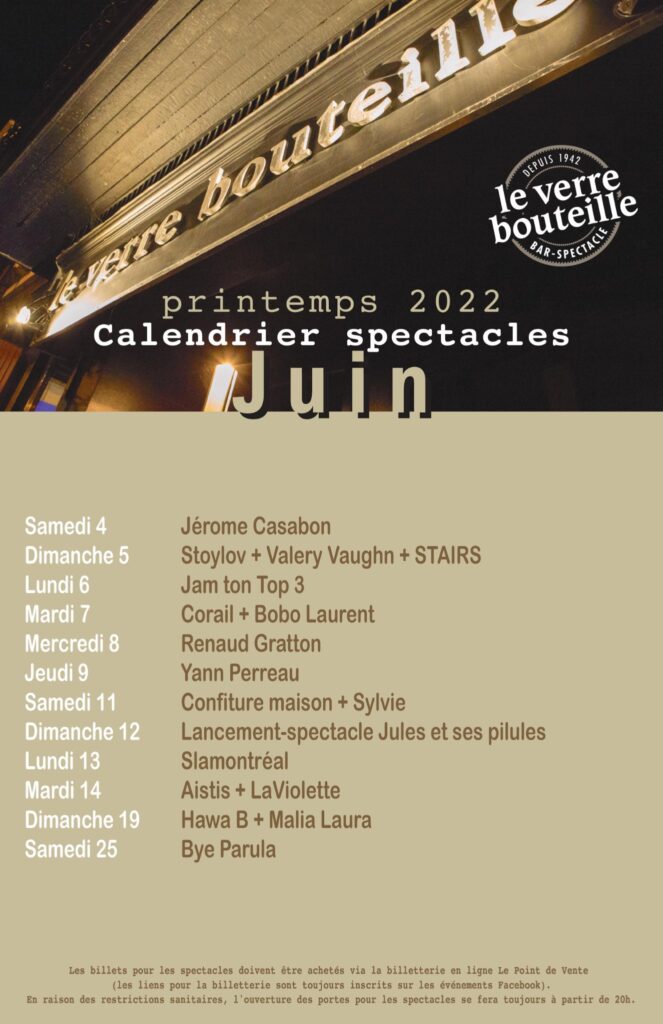 VERRE BOUTEILLE JÉROME CASABON STOYLOV VALERY VAUGHN STAIRS JAM TON TOP 3 CORAIL BOBO LAURENT RENAUD GRATTON YANN PERREAU CONFITURE MAISON SYLVIE JULES ET SES PILULES SLAMONTRÉAL AISTIS LAVIOLETTE HAWA B MALIA LAURA BYE PARULA