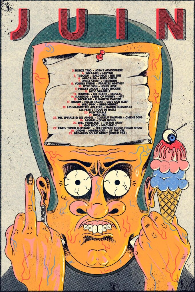 ESCOGRIFFE BONZE TRIO JOSA’S ATMOSPHERE  WIZARD LARYNX  TI-BOEUF BALD MICE RED LINE  APICALAB RUBY CREEK  UNCLE STUNT TELÉFON  YOUNG FRIEND FRANCES WHITNEY  KYLE DION KONGO LOVE  PROJET JACO JULES LECORRE NICK GRANELLE  SUNWELL OLI’S GIANT REDSEAL  RAINBOW 6 BIRDS OF PRREY HRT  MESHLENE ELISABETH CALISTO  IRIDIUM KILLER RADAR SAVE OUR SLEEP  GREG MENDEZ  LES MARMOTTES APLATIES MAXIME GERVAIS ET LES PETITS TROUS DE BALLE  MONT ROSALIE  BRISE-FER  MR. SPIRALE & LES ANGES COULEUR DAUPHIN CHIENS DOGS  AZMAZI DEAD GONG  WILL VERAULT TRISTAN GUAY  GIGIRICCI MACHINE K  FINELY TUNED ELEPHANT THE FRIENDLY FROGS FREAK SHOW  DROME MINDREADER OF THE VEL  BREAKING SOUND NIGHT