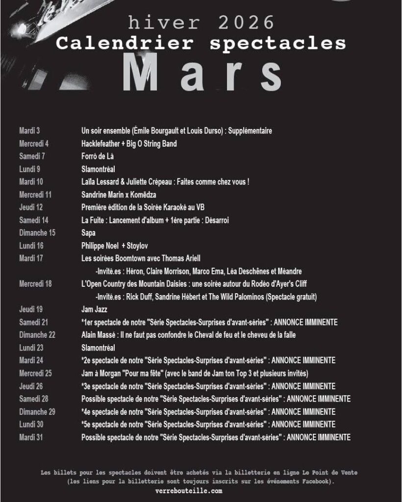 UN SOIR ENSEMBLE (ÉMILE BOURGAULT ET LOUIS DURSO) HACKLEFEATHER BIG O STRING BAND FORRÓ DE LÁ SLAMONTRÉAL LAILA LESSARD JULIETTE CRÉPEAU SANDRINE MARIN KOMIEDZA LA FUITE DÉSARROI SAPA PHILIPPE NOEL STOYLOV THOMAS ARIELL HÉRON CLAIRE MORRISON MARCO EMA LÉA DESCHÊNES MÉANDRE THE MOUNTAIN DAISIES RICK DUFF SANDRINE HÉBERT THE WILD PALOMINOS JAM JAZZ ALAIN MASSÉ JAM À MORGAN