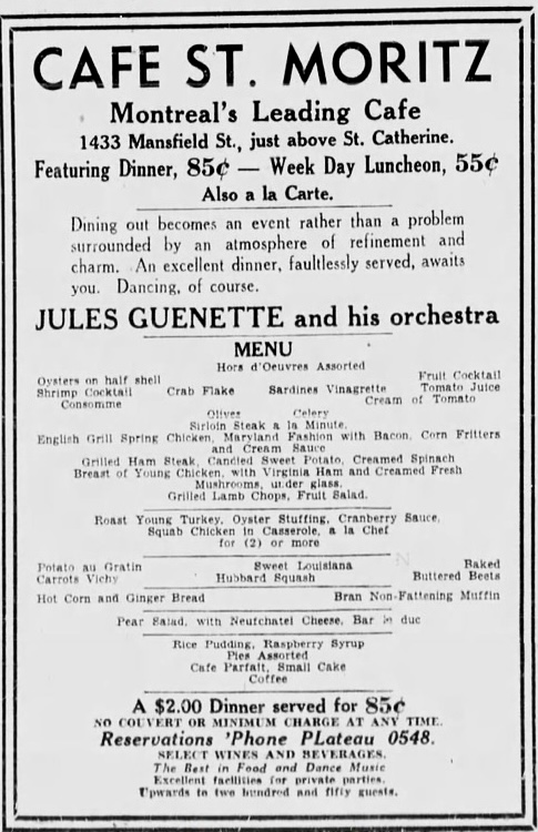 Annonce — Cafe St-Morittz / 1433 rue Mansfield