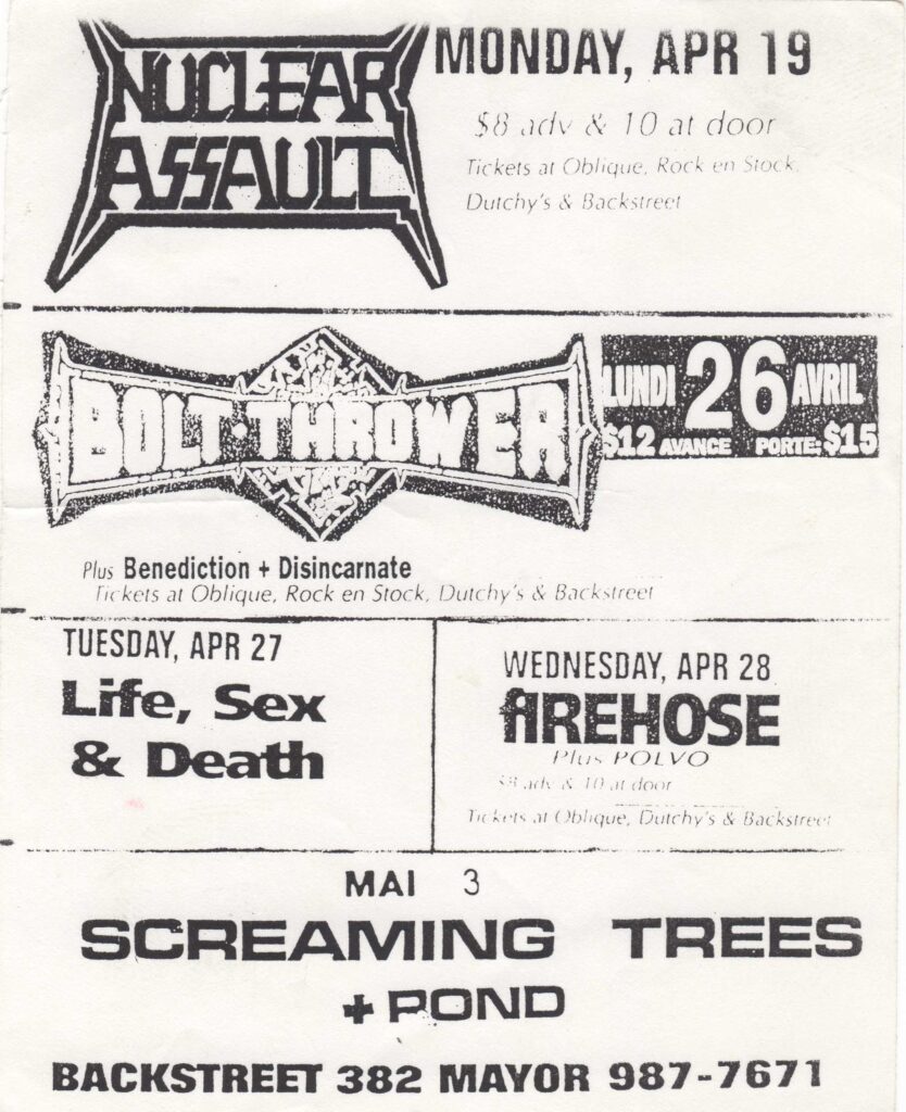 NUCLEAR ASSAULT BOLT THROWER LIFE SEX & DEATH FIREHOSE SCREAMING TREES POND