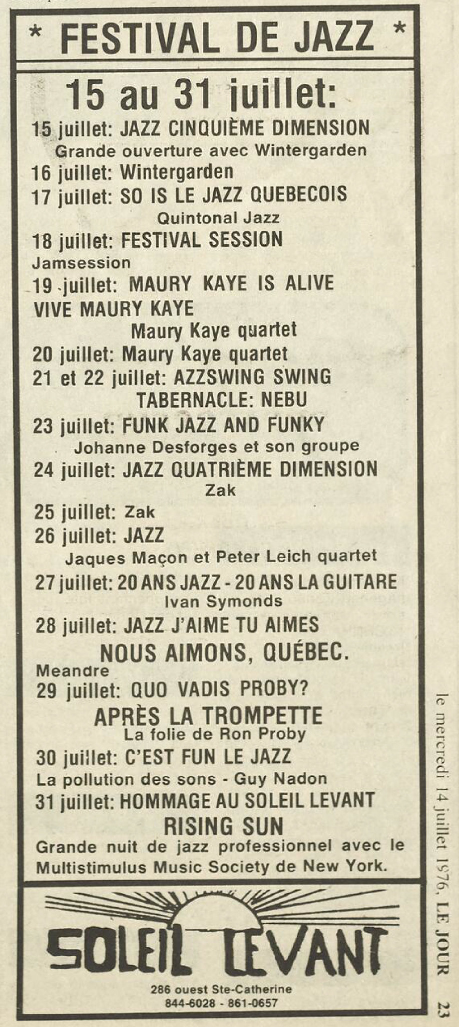 Annonce — Festival de Jazz 1976 Rising Sun