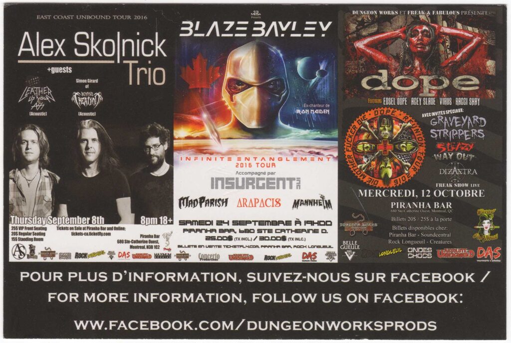 ALEX SKOLNICK TRIO LEATHER UP YOUR ASS SIMON GIRARD NEYMO REATTO BLAZE BAYLEY INSURGENT MADPARISH ARAPACIS MANNHEIM DOPE EDSEL DOPE GRAVEYARD STRIPPERS SLEAZY WAY OUT DIZASTRA