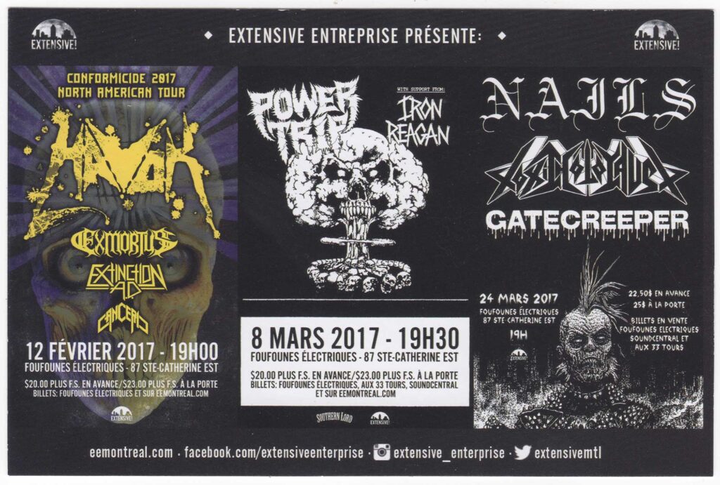 HAVOK EXMORTUS EXTINCTION AD CANCERIC POWER TRIP IRON REAGAN NAILS TOXIC HOLOCAUST GATECREEPER