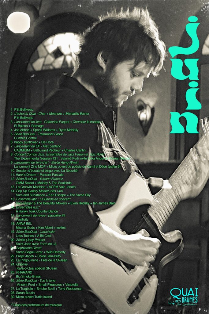 P’TIT BELLIVEAU  CHAR  MÉANDRE  MICHAËLLE RICHER  CATHERINE PAQUET  EL BALCON  RAMAGE  JOE ABBOTT  SPANK WILLIAMS  RYAN MCNALLY  TRAINWRECK FASCO  CUMBIA CONTROL  HAPPY SUNFLOWER  DE FLORE  ALEX LEBLANC  CADMIUM  BALBUZARD PÊCHEUR  CHARLES CANTIN  THE EXPERIMENTAL SESSION #31  SALOMÉ PERLI  ERIKA ANGELOVA  ROMAN MUNZ  LA SÉCURITÉ  HANK&rsquo;S DREAM  PASCALE PASCALE  YOHAN FRANCOZ  OMM SEXTET  MELODY & THE SOULBIRDS  LA GROOVIN&rsquo; MACHINE  ACPM  VALC  IENATO  SUM AND SUBSTANCE  KARL ESCAPE  THE SAME SKY  ENSEMBLE LATIN  LA BANDA  SAM SINGER & THE BEAUTIFUL MOVERS  EVAN REDSKY  IAN JAMES BAIN  A HONKY TONK COUNTRY DANCE  POSITIVITY  ANNA BEL  MISCHA GODS  KIM ALBERT  LAROCHELLE  LES TOCHES  A BIT COLD  ZÉNITH (JOEY POULX)  FORRÓ DE LÁ  SOPHIANNE GIRARD  SARAH SEGAL-LAZAR  WILD REMEDY  PROJET JACOB  CHLOÉ JARA-BUTO  GRAINNE  PHARAND  BIG SMOKE BRASS  TUE LA LUNE  VINCENT FORD  SMALL PLEASURES  VICTORELLA  LA TRAGÉDIE  SMOKE SPELL  TONY WOODSMAN  SARAH BOUTIN  TURTLE ISLAND QUAI DES BRUMES