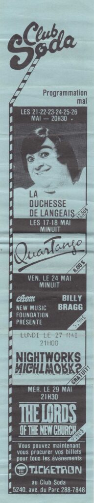 LA DUCHESSE DE LANGEAIS QUARTANGO BILLY BRAGG NIGHTWORKS THE LORDS OF THE NEW CHURCH