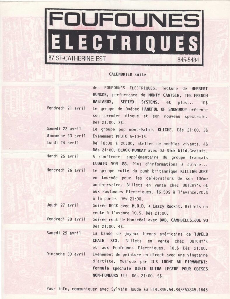 HERBERT HUNCKE  MONTY CANTSIN  THE FRENCH BASTARDS  SEPTYX SYSTEMS  HANDFUL OF SNOWDROP  KLICHE  DJ RICK WILD  LUDWIG VON 88  KILLING JOKE  MOD  LAZZY ROCKIT  BAB  CAMPBELLS  JOE 90  TUPELO CHAIN SEX  ILS IRONT AU FIRMAMENT