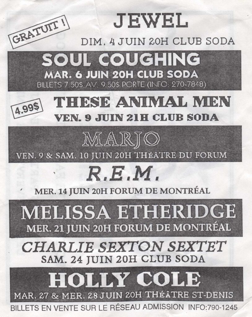 JEWEL SOUL COUGHING THESE ANIMAL MEN MARJO R.E.M. MELISSA ETHERIDGE CHARLIE SEXTON SEXTET HOLLY COLE