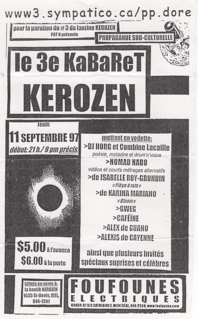 KABARET KEROZEN 3 DJ HORG COMBINE LACAILLE NOMAD NABO GWEG CAFEÏNE ALEX (GUANO) ALEXIS (CAYENNE)