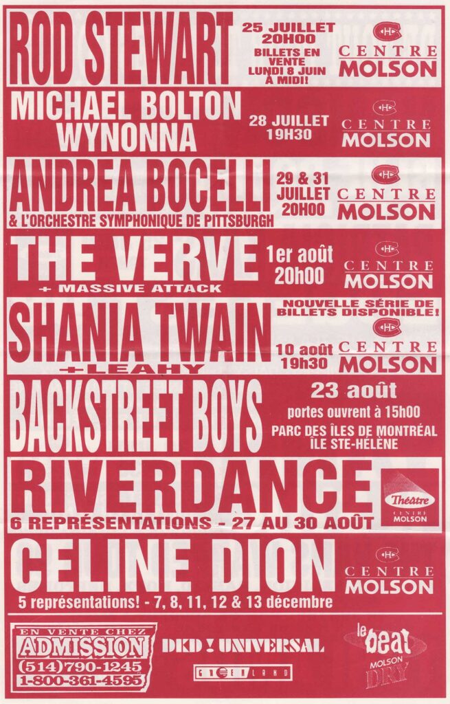 ROD STEWART MICHAEL BOLTON WYNONNA ANDREA BOCELLI THE ORCHESTRA SINFONICA DI PITTSBURGH THE VERVE MASSIVE ATTACK SHANIA TWAIN LEAHY BACKSTREET BOYS RIVERDANCE CELINE DION