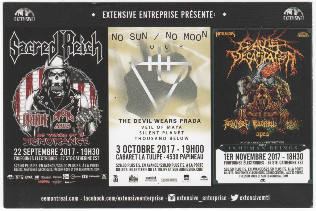 SACRED REICH BYZANTINE CANCERIC ASHES OF EDEN THE DEVIL WEARS PRADA VEIL OF MAYA SILENT PLANET THOUSAND BELOW CATTLE DECAPITATION REVOCATION FULL OF HELL APES ARTIFICIAL BRAIN