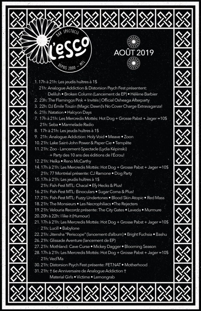 DELILUH BROKEN COLUMN HÉLÈNE BARBIER THE FLAMINGOS PINK NATATION HALCYON DAYS SÉBA MARMELADE RADIO HOLY VOID MEAVE ZOON LAKE SAINT-JOHN POWER & PAPER CIE TEMPÊTE HEIKA RENO MCCARTHY CJ RAMONE DOG PARTY CHACAL EFY HECKS BINOCULARS SUGAR COMA FUZZY UNDERTONES BLOOD SKIN ATOPIC RED MASS THE MONSIEURS LES NECROPHILIACS THE REJECTERS THE CITY GATES LAVEDA MURMURE LUCILL BABYLONE JITENSHA BRIGHT FUCHSIA BASHU GLISSADE AVENTURE CAVE CURSE MICKEY DAGGER BLOOMING SEASON VED’MA FET.NAT MOTHERHOOD MATERIAL GIRLS VICTIME LEMONGRAB ESCOGRIFFE
