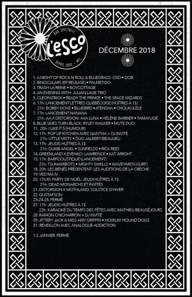 OSD DOB BINOCULARS PALMETOO TRASH LA REINE BOYCOTTAGE JULIAN LAGE TRIO CLEOPATRICK READY THE PRINCE THE SPACE WIZARDS BOBBY DOVE BLUEBIRD JITENSHA CHOUKULELE AVA LUNA HÉLÈNE BARBIER TAMAYUGÉ RYLEY WALKER MUTE DUO LITTLE MISTY DUO JALBERT/BEAULIEU DUMB ANGEL SUNFIELDS RICK REID LAWRENCE KAT WRIGHT TSUNAMIBOTS MIGHTY SWELLS WAVEYARDS DEAD MONARCHS GUSTAFSON RAMON CHICHARRON JITTERY JACK & MISS AMY GRIFFIN HOWLIN’ HOUND DOGS ESCOGRIFFE