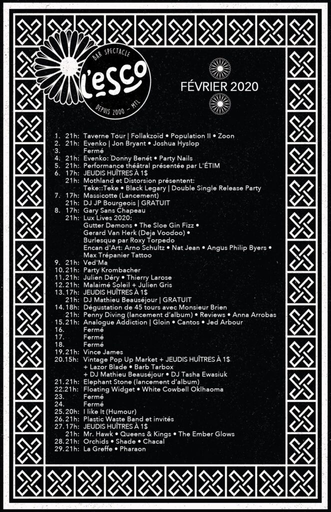 FOLLAKZOÏD POPULATION II ZOON EVENKO JON BRYANT JOSHUA HYSLOP DONNY BENÉT PARTY NAILS TEKE::TEKE BLACK LEGARY MASSICOTTE GUTTER DEMONS THE SLOE GIN FIZZ GERARD VAN HERK VED’MA JULIEN DÉRY THIERRY LAROSE MALAIMÉ SOLEIL JULIEN GRIS PENNY DIVING REVIEWS ANNA ARROBAS GLOIN CANTOS JED ARBOUR VINCE JAMES LAZOR BLADE BARB TARBOX ELEPHANT STONE FLOATING WIDGET WHITE COWBELL OKLAHOMA PLASTIC WASTE BAND MR. HAWK QUEENS & KINGS THE EMBER GLOWS ORCHIDS SHADE CHACAL LA GREFFE PHARAON ESCOGRIFFE