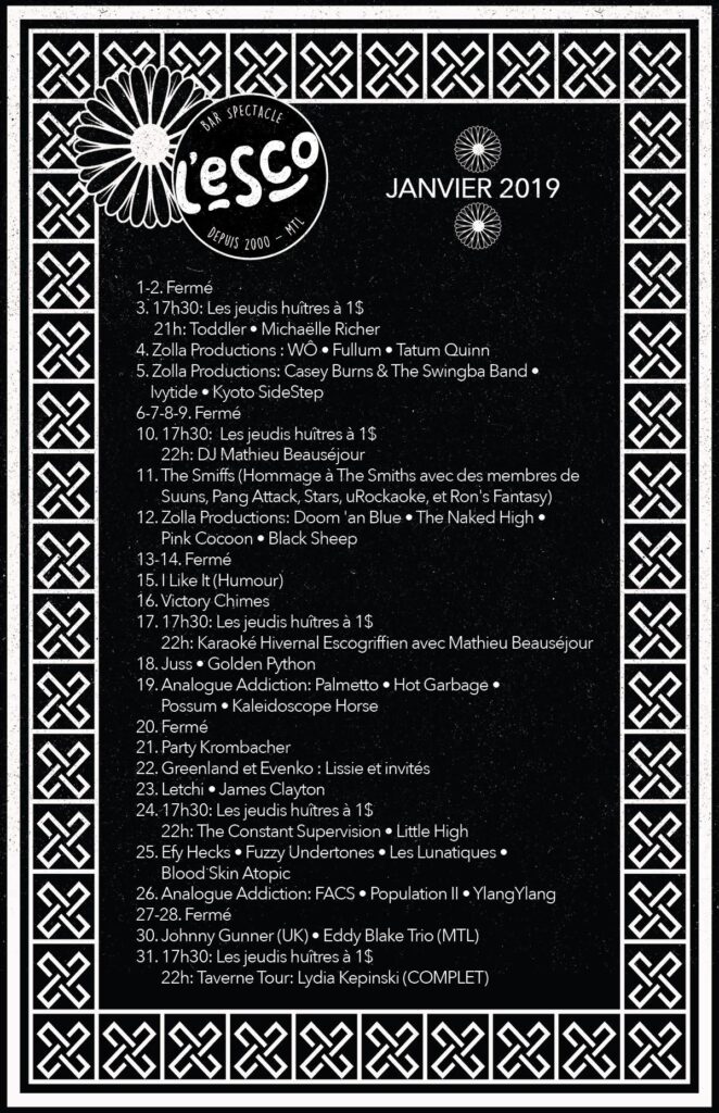 TODDLER MICHAËLLE RICHER WÔ FULLUM TATUM QUINN CASEY BURNS & THE SWINGBA BAND IVYTIDE KYOTO SIDESTEP THE SMIFFS DOOM ’AN BLUE THE NAKED HIGH PINK COCOON BLACK SHEEP VICTORY CHIMES JUSS GOLDEN PYTHON PALMETTO HOT GARBAGE POSSUM KALEIDOSCOPE HORSE LISSIE LETCHI JAMES CLAYTON THE CONSTANT SUPERVISION LITTLE HIGH EFY HECKS FUZZY UNDERTONES LES LUNATIQUES BLOOD SKIN ATOPIC FACS POPULATION II YLANGYLANG JOHNNY GUNNER EDDY BLAKE TRIO LYDIA KEPINSKI ESCOGRIFFE