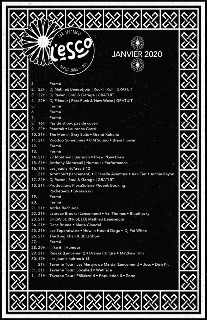 PATATRAK LAURENCE CARRÉ THE MEN IN GRAY SUITS GRAND KAHUNA VOODOO SOMETIMES OM SOUND BRAIN FLOWER BARRASSO PKEW PKEW PKEW ARRÊTECOURT GLISSADE AVENTURE XAN TAN ARCHIE RAYON ROCKETEERS ST-JEAN 68 ANDRÉ BACHLEDA LAURECE BROOKS VAL THOMAS BLUETHESKY DANS BRUME MARIE CLAUDEL LES SEPARATWISTS HOWLIN HOUND DOGS THE KING KHAN & BBQ SHOW RESSAK DRAMA CULTURE MATTHEW HILLS LES MARTYRS DE MARDE JUSS DISH PIT SOCALLED WETFACE ESCOGRIFFE