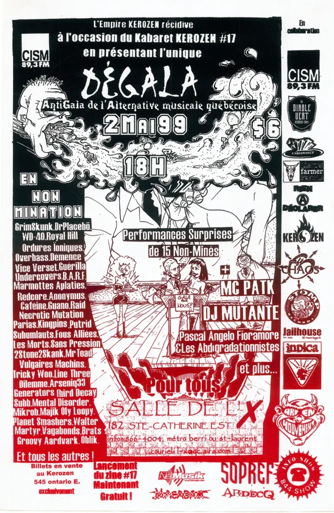 GRIMSKUNK DR PLACEBO WD-40 ROYAL HILL ORDURES IONIQUES OVERBASS DÉMENCE VICE VERSET GUÉRILLA UNDERCOVER S.B.A.R.F. MARMOTTES APLATIES REDCORE ANONYMUS CAFÉINE GUANO RAID NECROTIC MUTATION PARIAS KINGPINS PUTRID SUBBUMAULTS FOUS ALLIÉES LES MORTS SANS PRESSION 28TONE 28KANK MR TOAD VULGAIRES MACHINS TRICKY WOO LONG THREE DILEMME ARSENIQ33 GENERATOR 9 THIRD DECAY SUBB MENTAL DISORDER MIKROB MAJIK ONLY LOOPY PLANET SMASHERS WALTER MARTYR VAGABONDS BRATS GROOVY AARDVARK OBLIK MC PAT K DJ MUTANTE PASCAL ANGELO FIORAMORE LES ABDGRADATIONNISTES