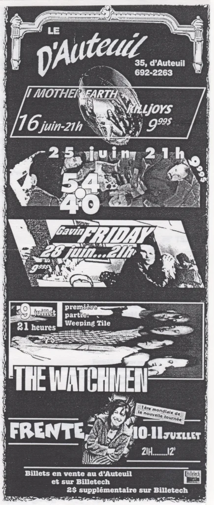 I MOTHER EARTH THE KILLJOYS 54-40 GAVIN FRIDAY WEEPING TILE THE WATCHMEN FRENTE!