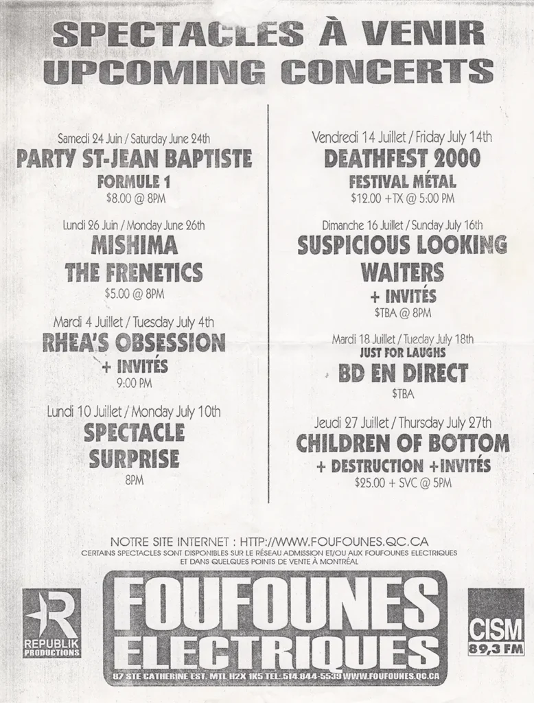 FORMULE 1 MISHIMA THE FRENETICS RHEA’S OBSESSION SUSPICIOUS LOOKING WAITERS CHILDREN OF BODOM DESTRUCTION