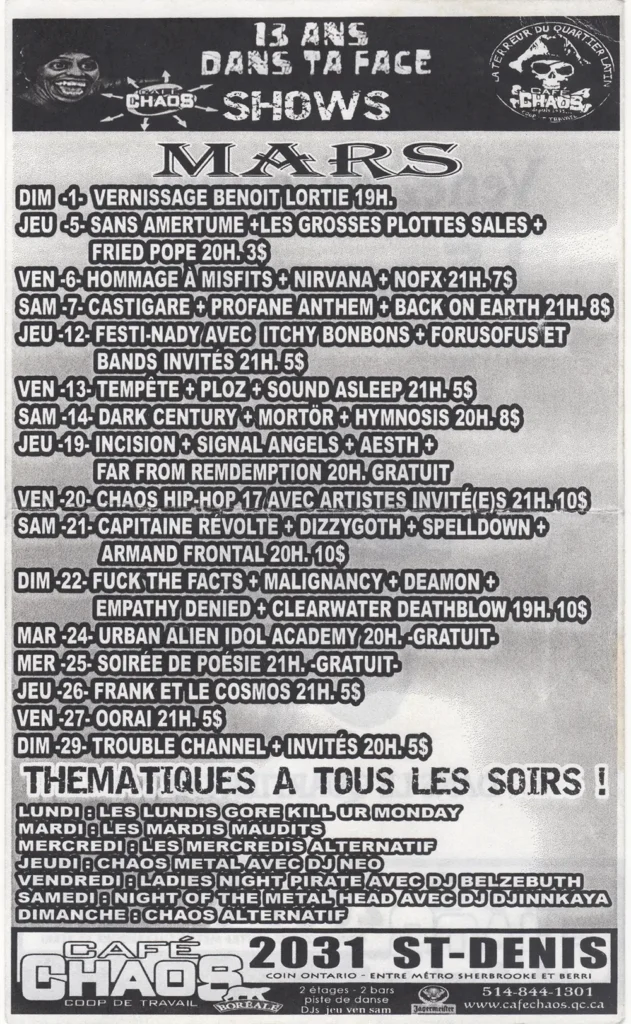 CAFE CHAOS SANS AMERTUME LES GROSSES PLOTTES SALES FRIED POPE CASTIGARE PROFANE ANTHEM BACK ON EARTH ITCHY BONBONS FORUSOFUS TEMPÊTE PLOZ SOUND ASLEEP DARK CENTURY MORTÖR HYMNOSIS INCISION SIGNAL ANGELS AESTH FAR FROM REMDEMPTION CAPITAINE RÉVOLTE DIZZYGOTH SPELLDOWN ARMAND FRONTAL FUCK THE FACTS MALIGNANCY DEAMON EMPATHY DENIED CLEARWATER DEATHBLOW URBAN ALIEN IDOL ACADEMY FRANK ET LE COSMOS OORAI TROUBLE CHANNEL