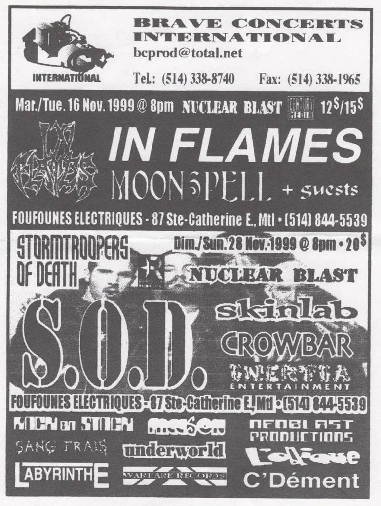 IN FLAMES MOONSPELL STORMTROOPERS OF DEATH S.O.D. SKINLAB CROWBAR