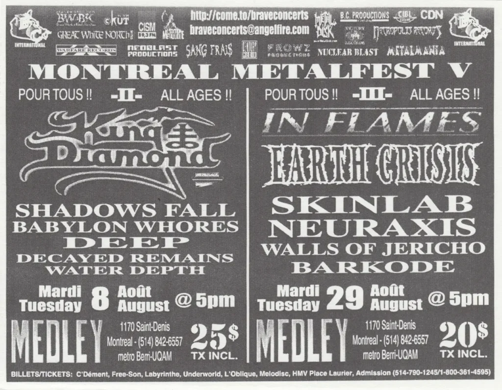 KING DIAMOND SHADOWS FALL BABYLON WHORES DEEP DECAYED REMAINS WATER DEPTH IN FLAMES EARTH CRISIS SKINLAB NEURAXIS WALLS OF JERICHO BARKODE