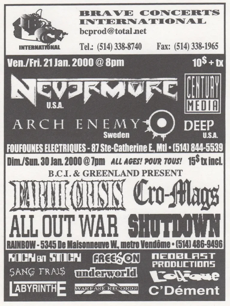 NEVERMORE ARCH ENEMY DEEP EARTH CRISIS CRO-MAGS ALL OUT WAR SHUTDOWN