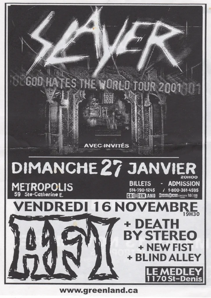 SLAYER (REPORTÉ) AFI DEATH BY STEREO NEW FIST BLIND ALLEY